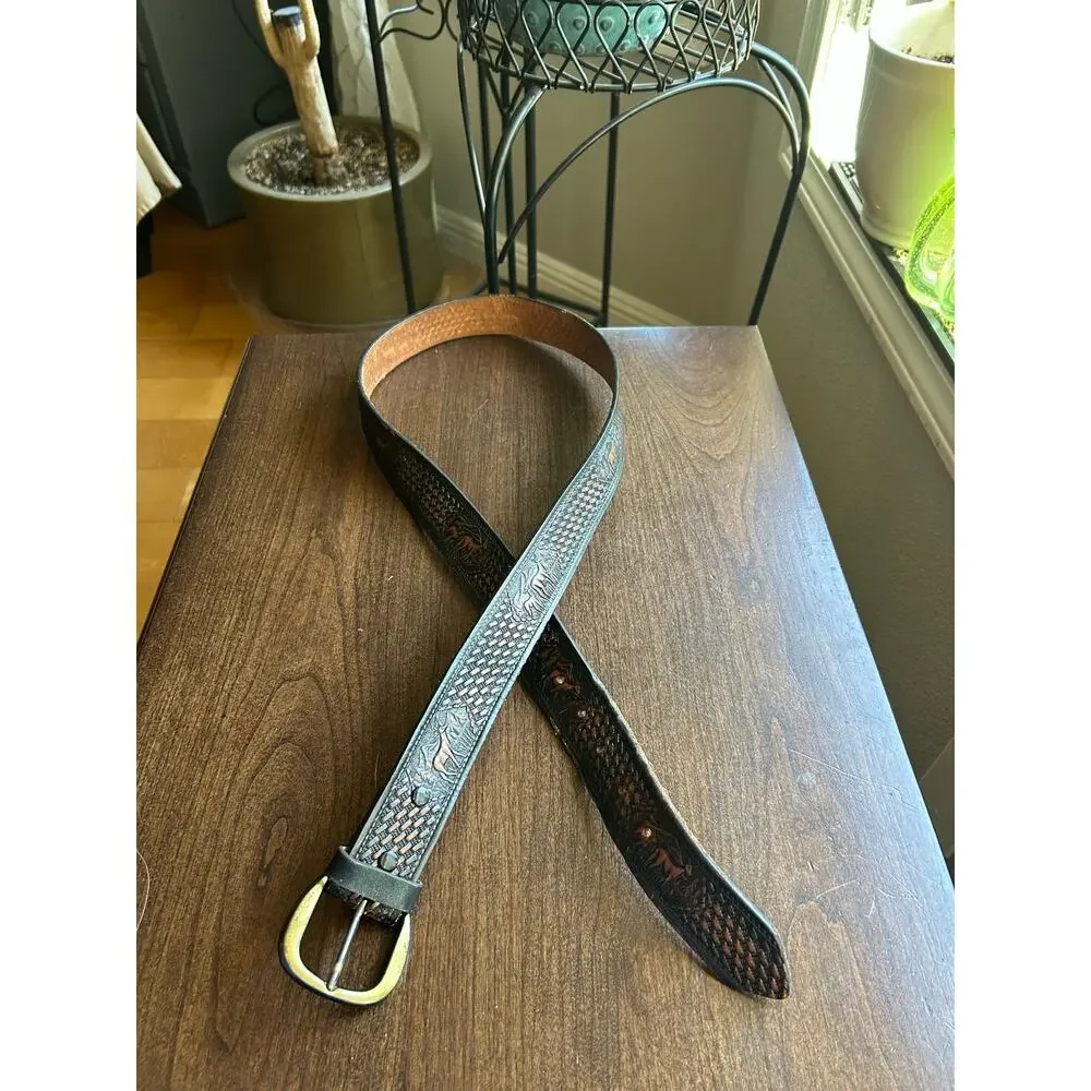 Vintage belt 42 hand tooled Western deer mountains brass buckle basket-weave